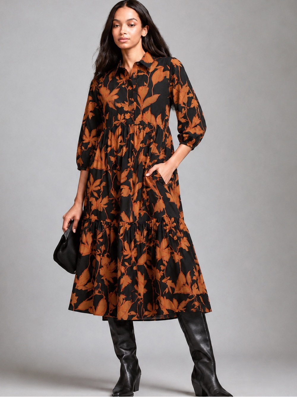 Maeve Black and Rust Floral Midi Dress